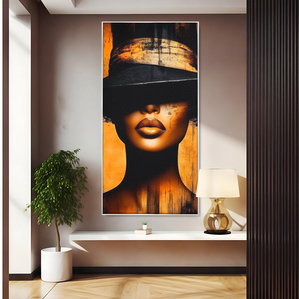 Tablou canvas cu tablou canvas cu buze si palarie, in rama de aluminiu argintiu